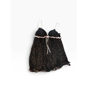 Linea Donatella Babydoll Chemise XL Black Pink Lace Ruffle Coquette Nightgown